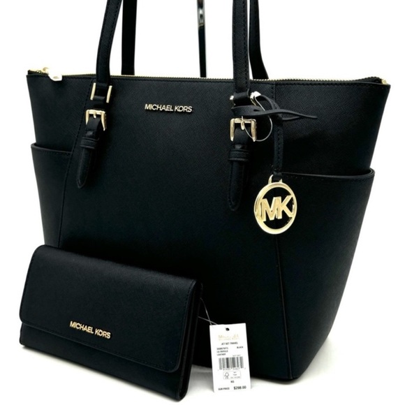 Michael Kors Large Charlotte TZ Tote Bag & Large Trifold Wallet Black/Gold - Picture 1 of 14